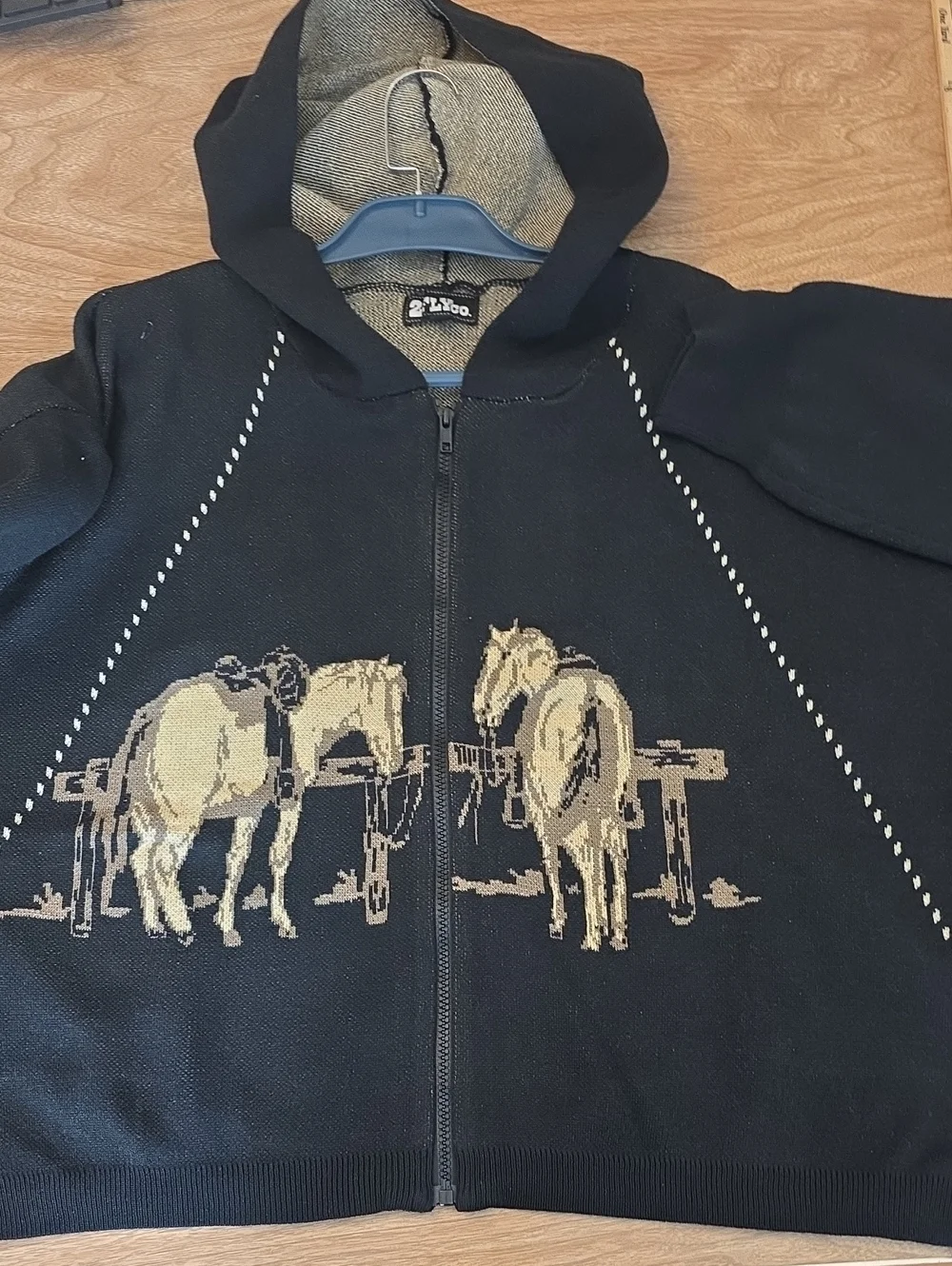Western Trails Horse Black Knit Hoodie Jacket 2X Plus - Picture 8 of 14